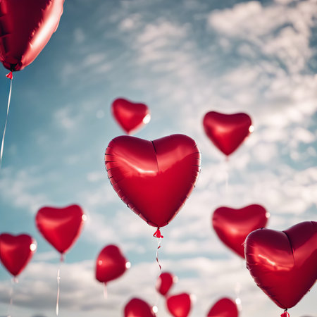 Heart Shaped Balloons Floating in the Bright Sky for Valentine's Day Backgroundの素材