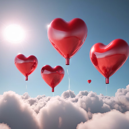 Heart Shaped Balloons Floating in the Bright Sky for Valentine's Day Backgroundの素材