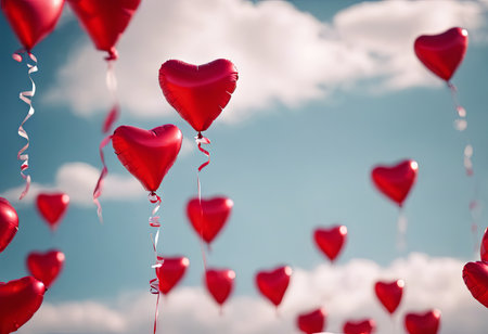 Heart Shaped Balloons Floating in the Bright Sky for Valentine's Day Backgroundの素材