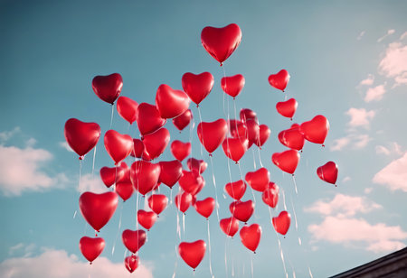 Heart Shaped Balloons Floating in the Bright Sky for Valentine's Day Backgroundの素材