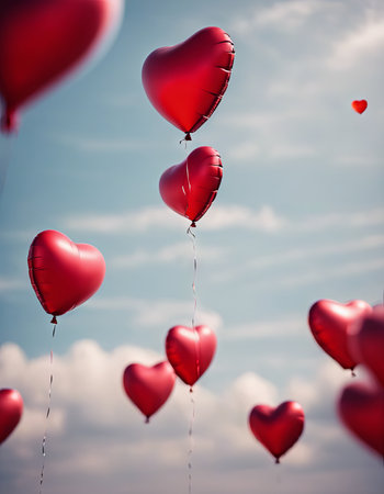 Heart Shaped Balloons Floating in the Bright Sky for Valentine's Day Backgroundの素材