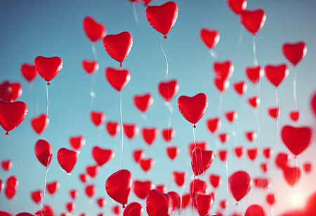 Heart Shaped Balloons Floating in the Bright Sky for Valentine's Day Backgroundの素材