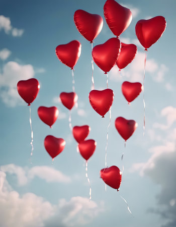 Heart Shaped Balloons Floating in the Bright Sky for Valentine's Day Backgroundの素材