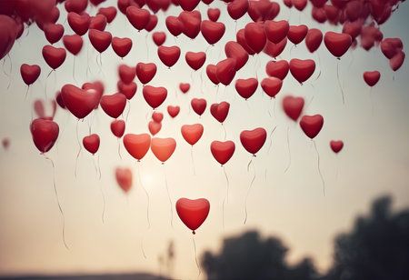 Heart Shaped Balloons Floating in the Bright Sky for Valentine's Day Backgroundの素材