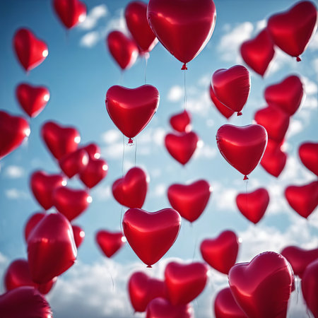 Heart Shaped Balloons Floating in the Bright Sky for Valentine's Day Backgroundの素材