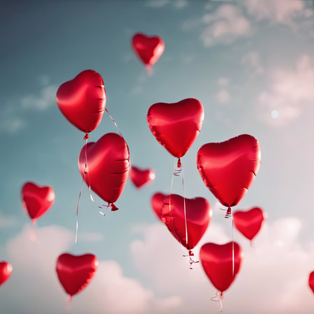 Heart Shaped Balloons Floating in the Bright Sky for Valentine's Day Backgroundの素材