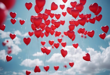 Heart Shaped Balloons Floating in the Bright Sky for Valentine's Day Backgroundの素材
