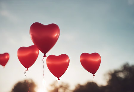 Heart Shaped Balloons Floating in the Bright Sky for Valentine's Day Backgroundの素材