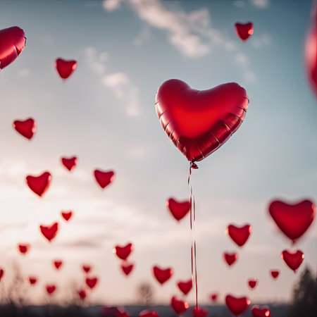 Heart Shaped Balloons Floating in the Bright Sky for Valentine's Day Backgroundの素材