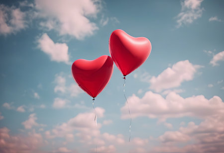 Heart Shaped Balloons Floating in the Bright Sky for Valentine's Day Backgroundの素材