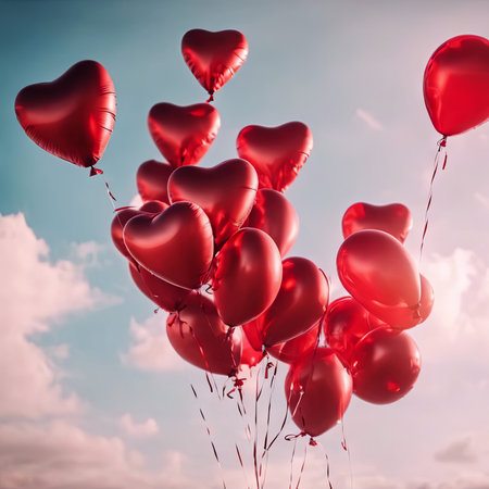 Heart Shaped Balloons Floating in the Bright Sky for Valentine's Day Backgroundの素材