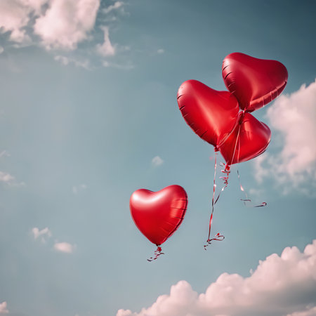 Heart Shaped Balloons Floating in the Bright Sky for Valentine's Day Backgroundの素材