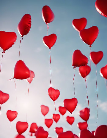 Heart Shaped Balloons Floating in the Bright Sky for Valentine's Day Backgroundの素材