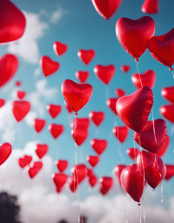 Heart Shaped Balloons Floating in the Bright Sky for Valentine's Day Backgroundの素材