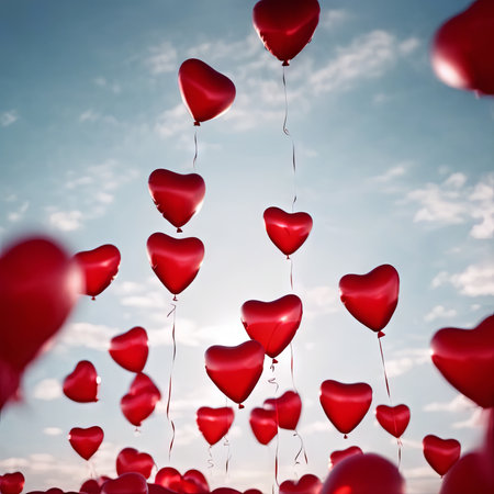 Heart Shaped Balloons Floating in the Bright Sky for Valentine's Day Backgroundの素材