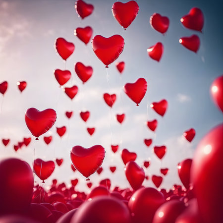 Heart Shaped Balloons Floating in the Bright Sky for Valentine's Day Backgroundの素材
