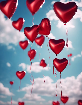 Heart Shaped Balloons Floating in the Bright Sky for Valentine's Day Backgroundの素材