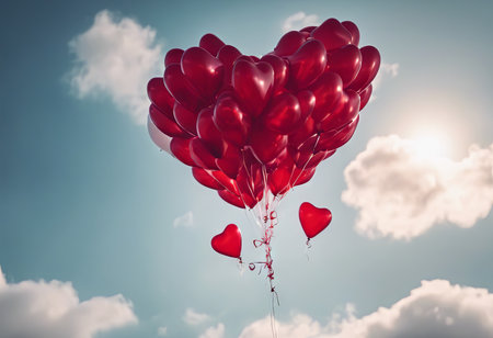 Heart Shaped Balloons Floating in the Bright Sky for Valentine's Day Backgroundの素材