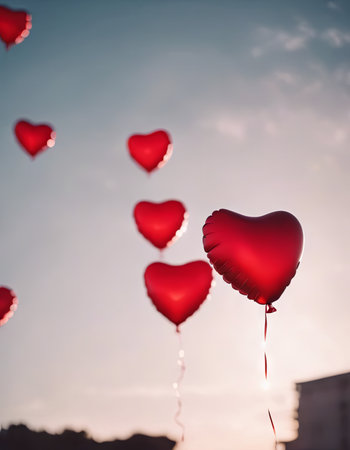 Heart Shaped Balloons Floating in the Bright Sky for Valentine's Day Backgroundの素材
