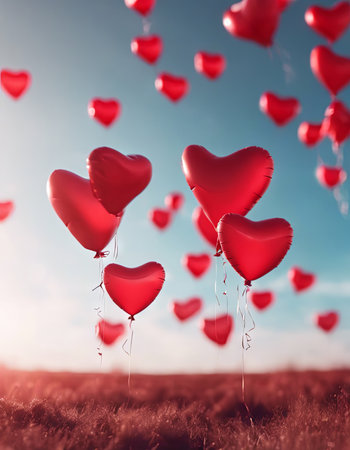 Heart Shaped Balloons Floating in the Bright Sky for Valentine's Day Backgroundの素材