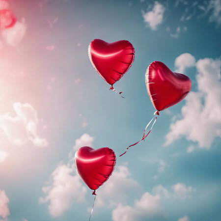 Heart Shaped Balloons Floating in the Bright Sky for Valentine's Day Backgroundの素材