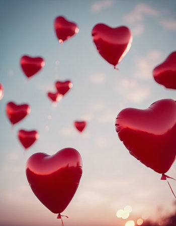 Heart Shaped Balloons Floating in the Bright Sky for Valentine's Day Backgroundの素材