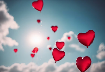 Heart Shaped Balloons Floating in the Bright Sky for Valentine's Day Backgroundの素材