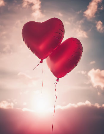 Heart Shaped Balloons Floating in the Bright Sky for Valentine's Day Backgroundの素材