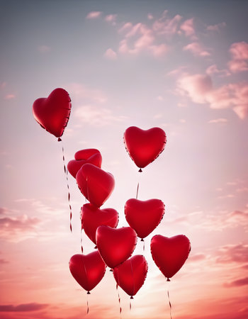Heart Shaped Balloons Floating in the Bright Sky for Valentine's Day Backgroundの素材