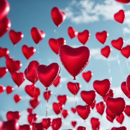 Heart Shaped Balloons Floating in the Bright Sky for Valentine's Day Backgroundの素材