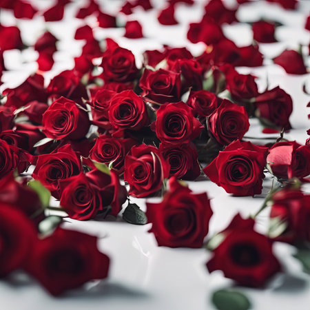 Pile of Beautiful Red Roses on a White Table for Valentine's Day Backgroundの素材