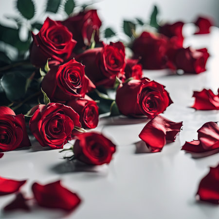 Pile of Beautiful Red Roses on a White Table for Valentine's Day Backgroundの素材