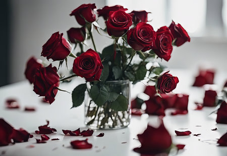Pile of Beautiful Red Roses on a White Table for Valentine's Day Backgroundの素材