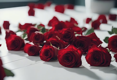 Pile of Beautiful Red Roses on a White Table for Valentine's Day Backgroundの素材