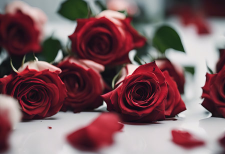 Pile of Beautiful Red Roses on a White Table for Valentine's Day Backgroundの素材