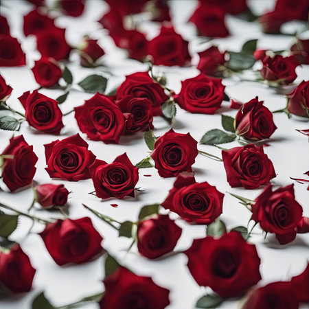 Pile of Beautiful Red Roses on a White Table for Valentine's Day Backgroundの素材