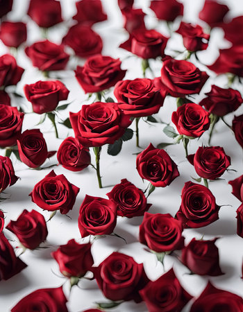 Pile of Beautiful Red Roses on a White Table for Valentine's Day Backgroundの素材