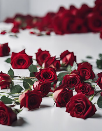 Pile of Beautiful Red Roses on a White Table for Valentine's Day Backgroundの素材