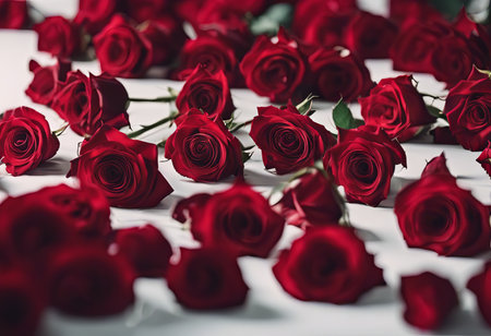 Pile of Beautiful Red Roses on a White Table for Valentine's Day Backgroundの素材
