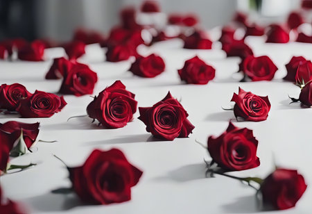 Pile of Beautiful Red Roses on a White Table for Valentine's Day Backgroundの素材