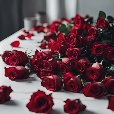 Pile of Beautiful Red Roses on a White Table for Valentine's Day Backgroundの素材