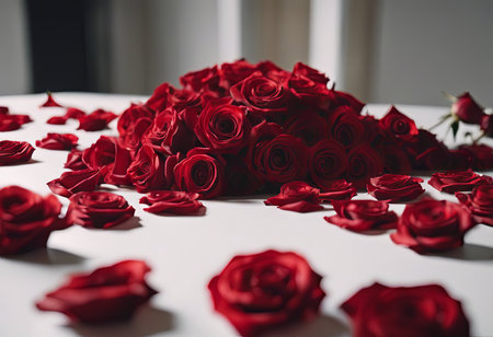 Pile of Beautiful Red Roses on a White Table for Valentine's Day Backgroundの素材