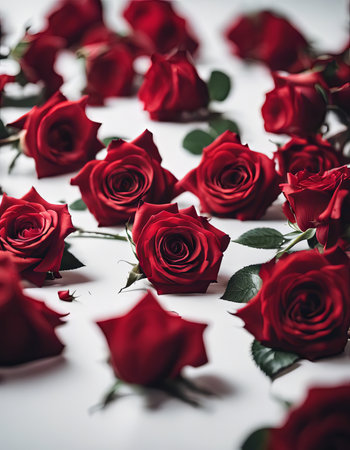 Pile of Beautiful Red Roses on a White Table for Valentine's Day Backgroundの素材