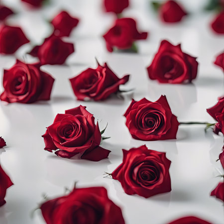 Pile of Beautiful Red Roses on a White Table for Valentine's Day Backgroundの素材
