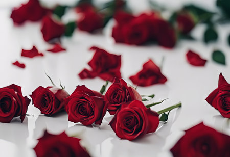 Pile of Beautiful Red Roses on a White Table for Valentine's Day Backgroundの素材