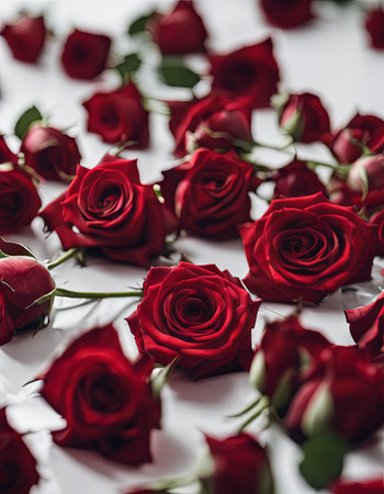 Pile of Beautiful Red Roses on a White Table for Valentine's Day Backgroundの素材