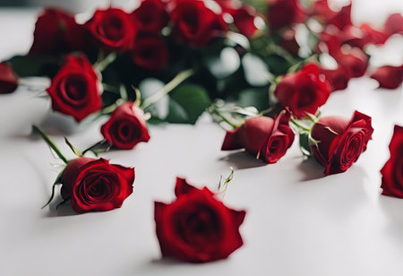 Pile of Beautiful Red Roses on a White Table for Valentine's Day Backgroundの素材