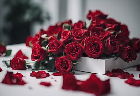 Pile of Beautiful Red Roses on a White Table for Valentine's Day Backgroundの素材