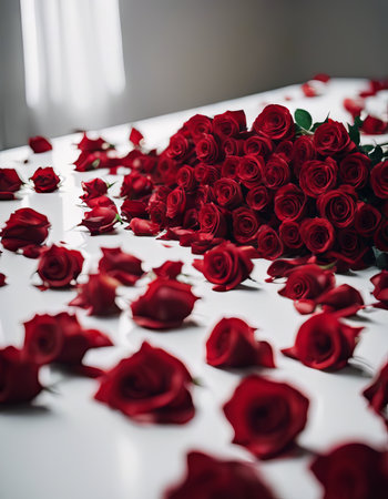 Pile of Beautiful Red Roses on a White Table for Valentine's Day Backgroundの素材
