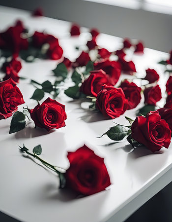Pile of Beautiful Red Roses on a White Table for Valentine's Day Backgroundの素材